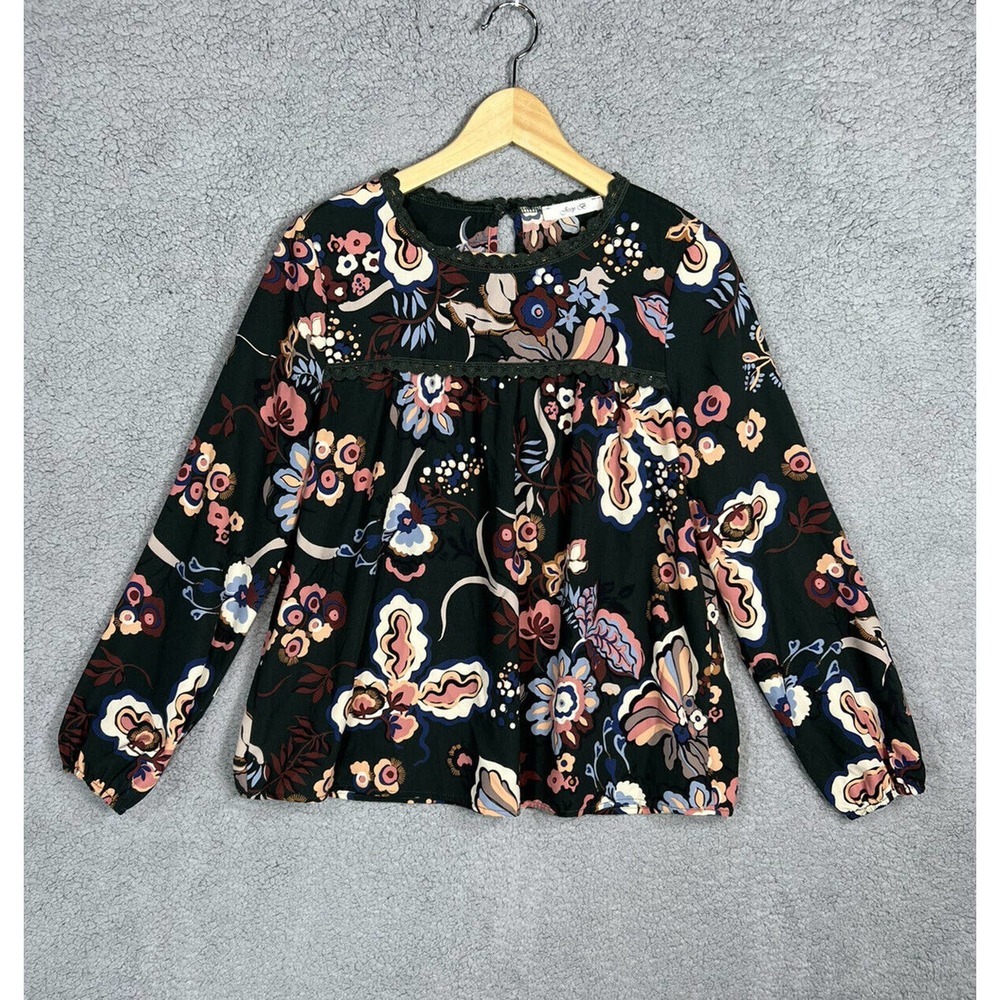 Jessy B ModCloth Blouse Top Womens Medium Green Floral Long Sleeve Crochet Lace